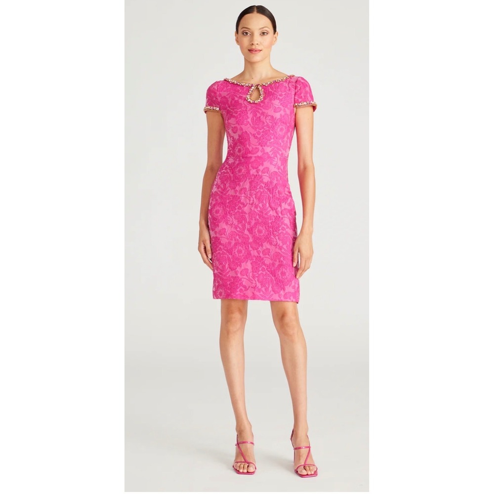 Theia Fuchsia Pink Floral Jacquard Beaded Sheath Cocktail Dress Size 16